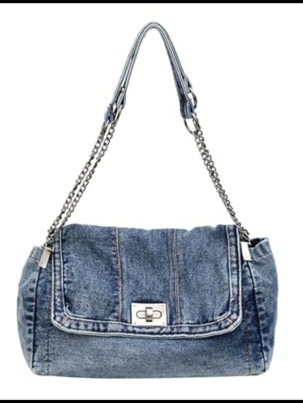 Denim Tote Bag Washed Denim Canvas Crossbody Shoulder Bag Turn-Lock Large